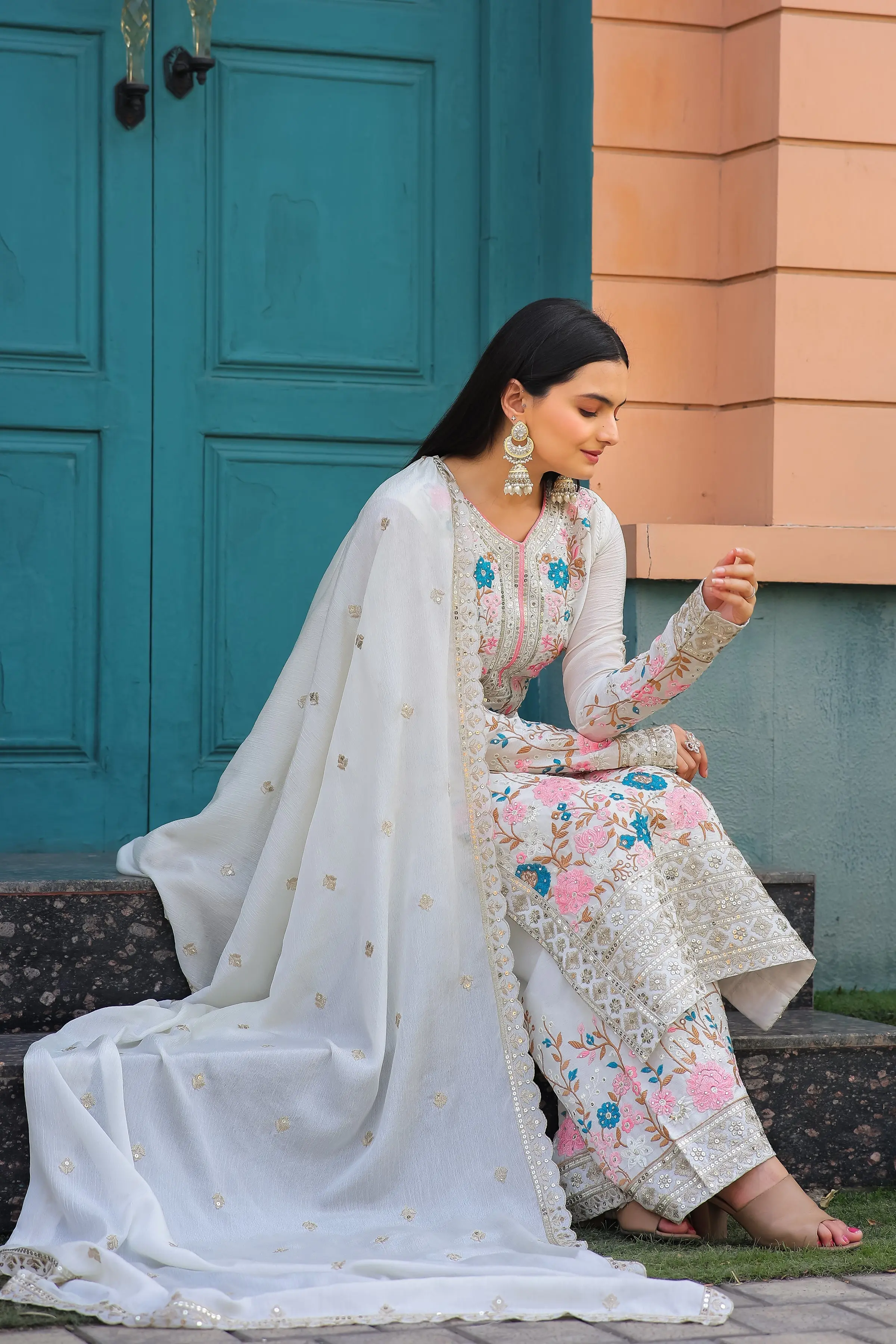Darshi-PD-Designer Party Wear Pur Chinon Silk Top Plazzo & Dupatta Set - Jaipur Blossom - Image 6