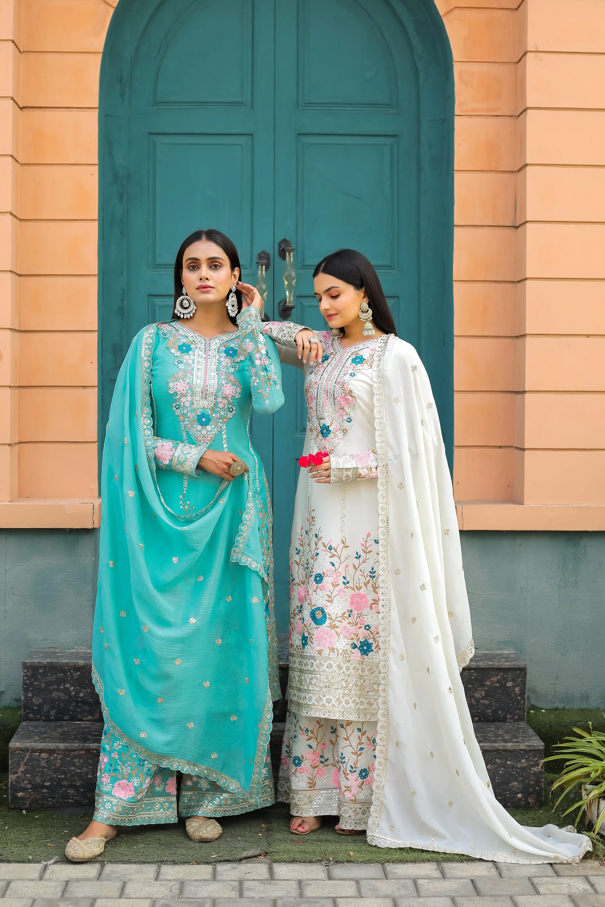 Darshi-PD-Designer Party Wear Pur Chinon Silk Top Plazzo & Dupatta Set - Jaipur Blossom - Image 8