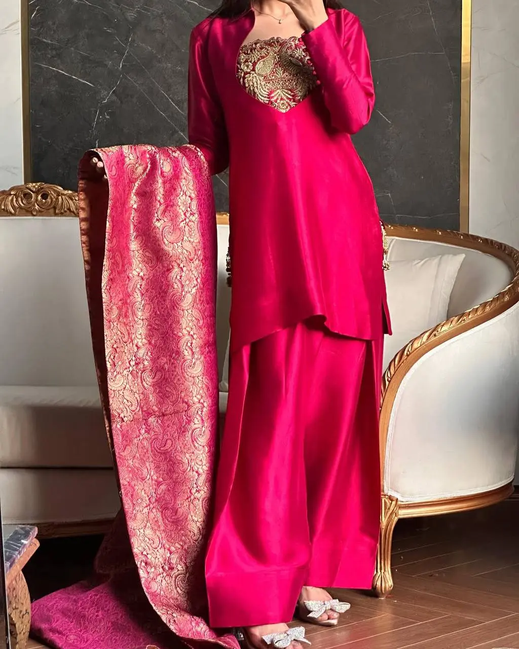 Pinki-MC  Heavy Malay Satin  Top Farshi Salwar suit - Image 3