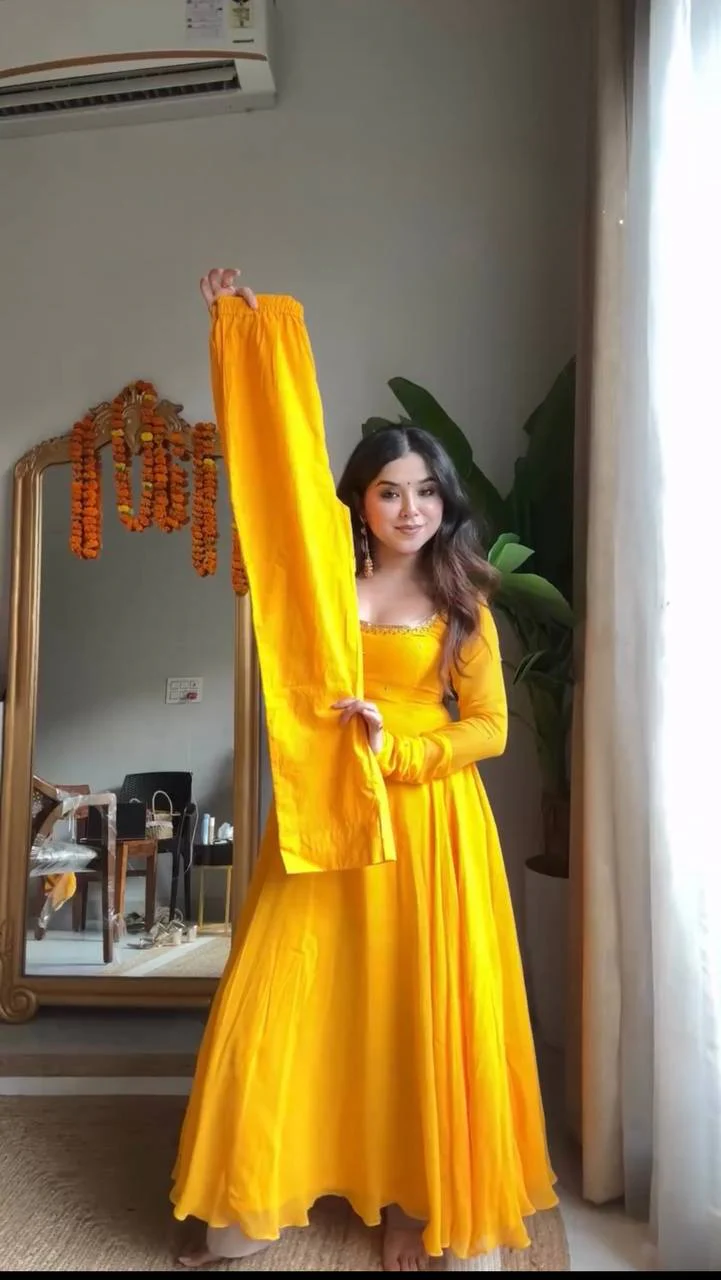 Ruchi-RT Haldi special Foux Gorgette anarkali set - Image 2